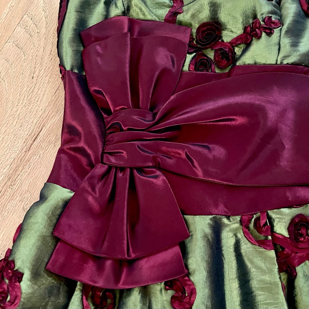 Vintage Jessica McClintock Strapless Olive & Burgundy Party Dress, size 2 - Picture 10 of 13
